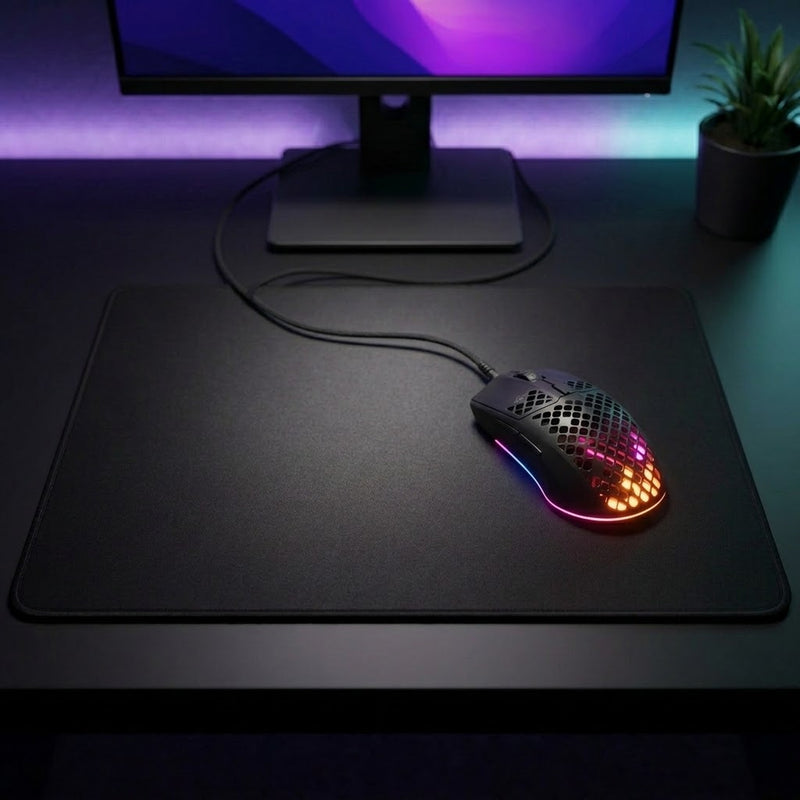 Lifestyle: SteelSeries Aerox 3 Super Light Wired Gaming Mouse - Onyx on a desk (illustrative image; the first photo shows the actual product)