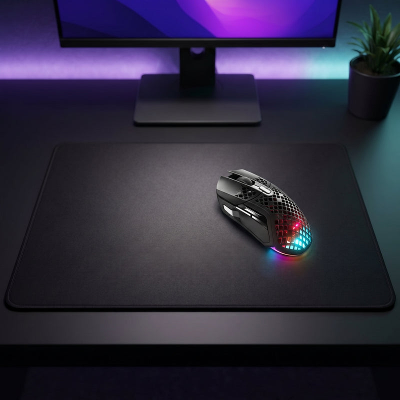 Lifestyle: SteelSeries Aerox 5 Wireless Gaming Mouse - Black on a desk (illustrative image; the first photo shows the actual product)