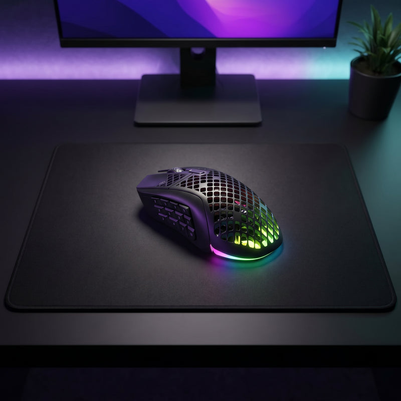Lifestyle: SteelSeries Aerox 9 Wireless Gaming Mouse - Black on a desk (illustrative image; the first photo shows the actual product)