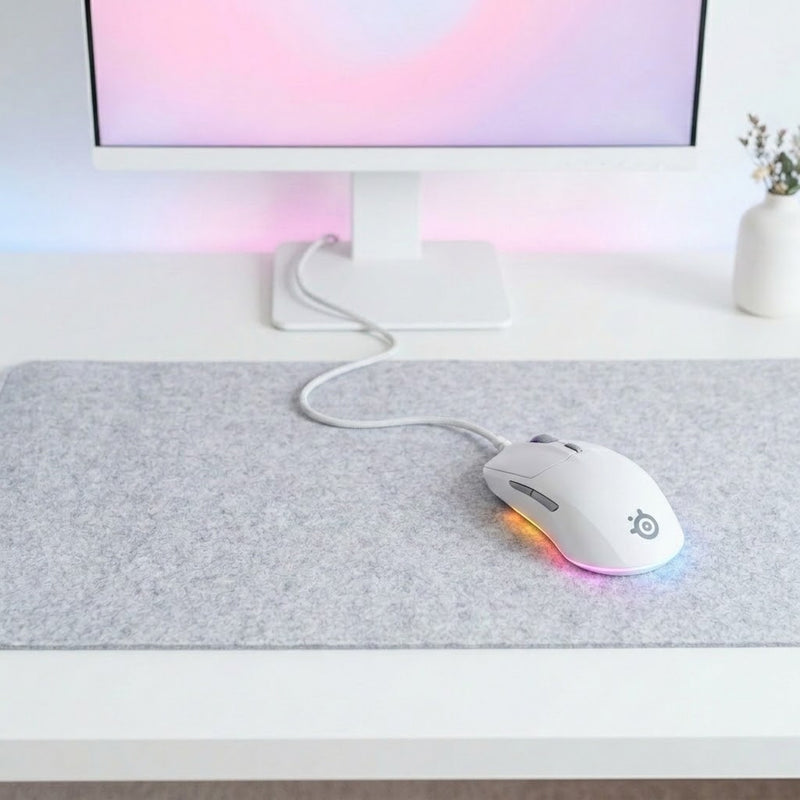 Lifestyle: SteelSeries Rival 3 Gen 2 Gaming Mouse - White on a desk (illustrative image; the first photo shows the actual product)
