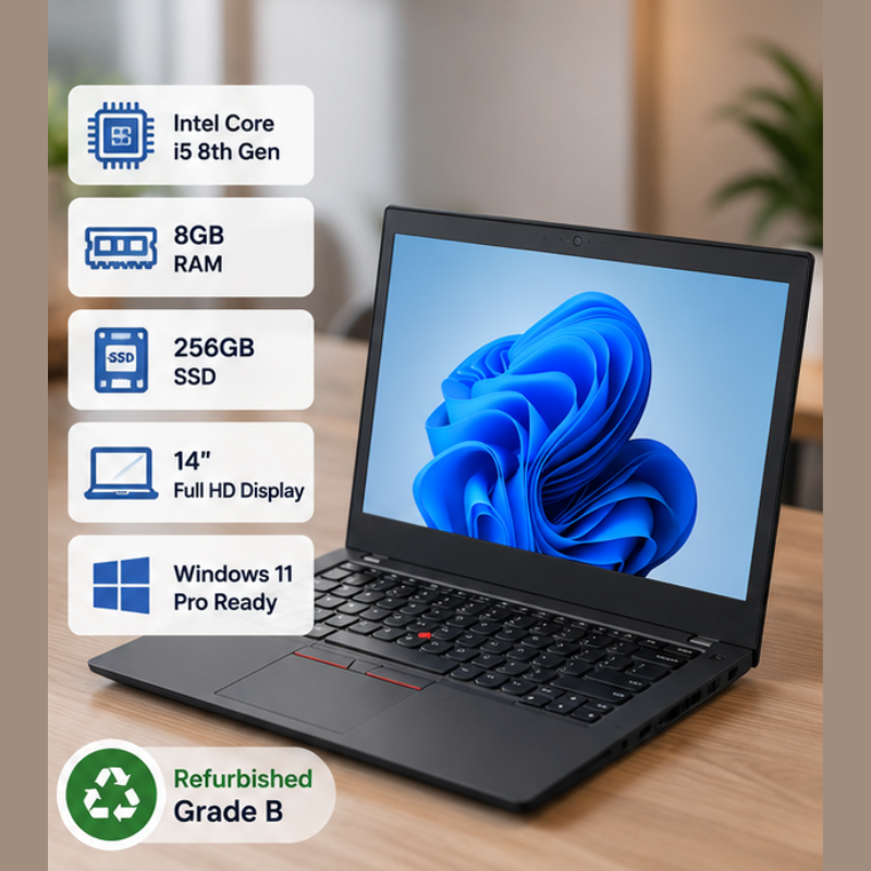 Lenovo ThinkPad T480 Refurbished Laptop – Intel Core i5 8th Gen, 8GB RAM, 256GB SSD, Grade B