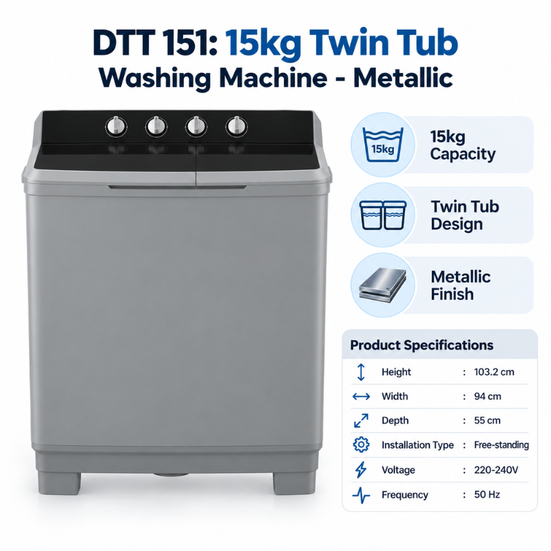 15kg Twin Tub Washing Machine – Metallic – DTT 151