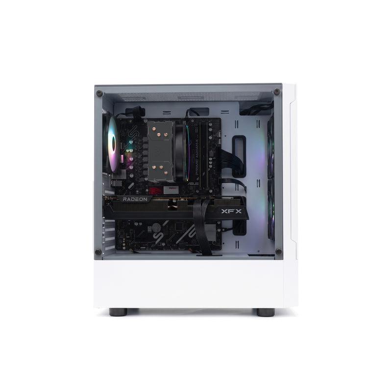 Illustration of this build: XFX Radeon RX 9060 XT, Ryzen 5 7600 and Gamdias Boreas cooler in a white Gamdias Talos E3 Mesh (computer-generated, not a photo of the actual unit)