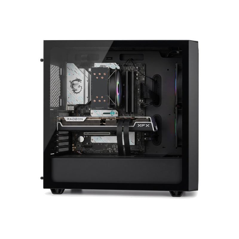 Illustration of this build: XFX Radeon RX 9070 XT, Ryzen 5 9600 and Gamdias Boreas cooler in a black Corsair 3200D RS ARGB (computer-generated, not a photo of the actual unit)