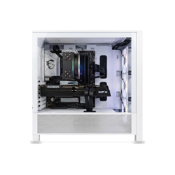 Illustration of this build: XFX Radeon RX 9070 XT, Ryzen 5 7500X3D and Gamdias Boreas cooler in a white Corsair FRAME 4000D RS ARGB (computer-generated, not a photo of the actual unit)