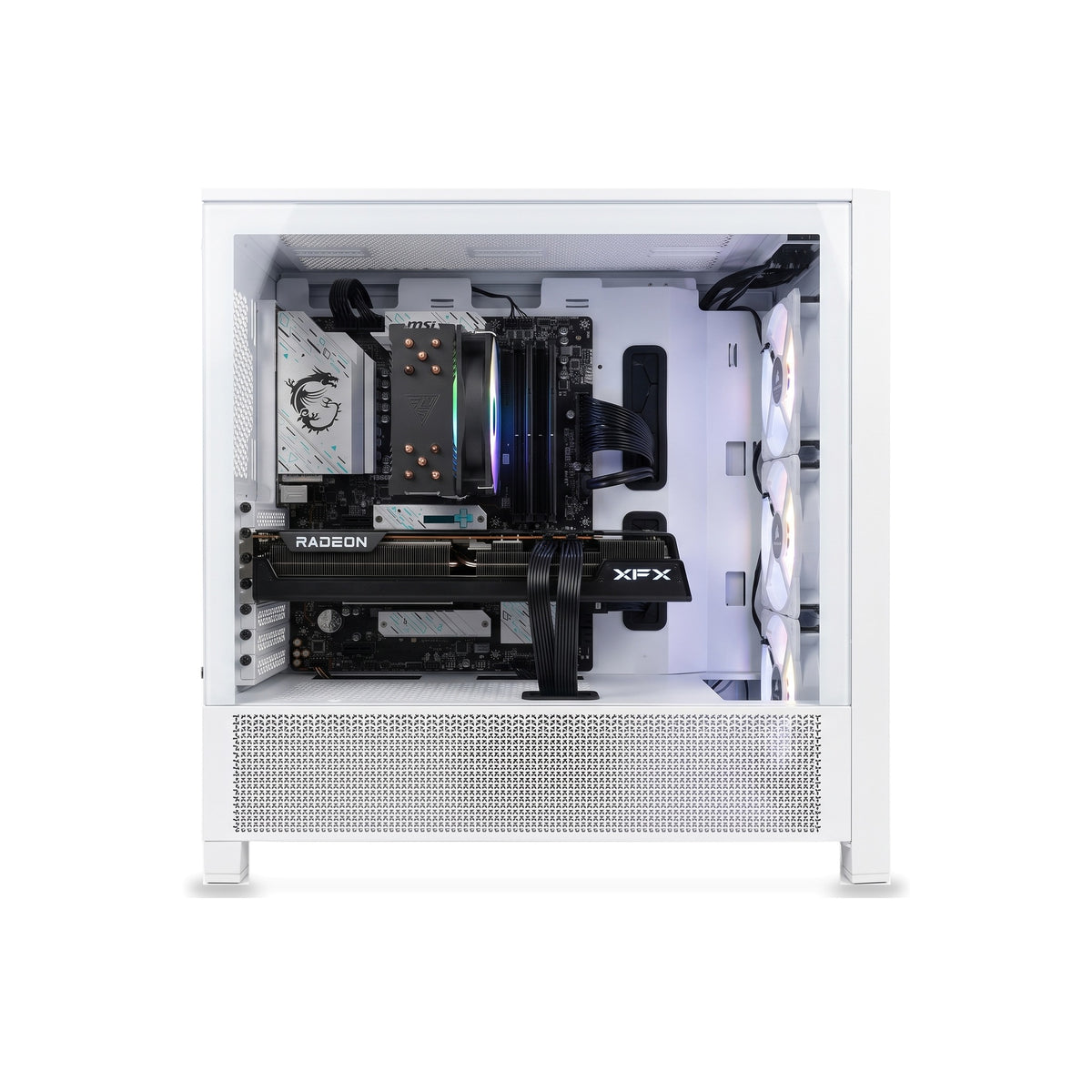 Illustration of this build: XFX Radeon RX 9070 XT, Ryzen 5 7500X3D and Gamdias Boreas cooler in a white Corsair FRAME 4000D RS ARGB (computer-generated, not a photo of the actual unit)