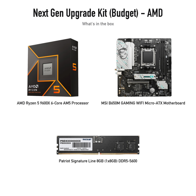 Next Gen Upgrade Kit (Budget) AMD: Ryzen 5 9600X, MSI B650M GAMING WIFI, Patriot Signature 8GB DDR5-5600 (kit contents; supplier product photos)