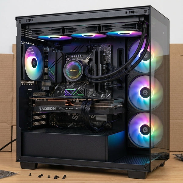 Illustration of this build: XFX Swift RX 9060 XT, Ryzen 5 7600 with Antec Luna 360 cooler on an MSI PRO A620AM-B EVO board in a black DeepCool CG580 case (computer-generated, not a photo of the actual unit)