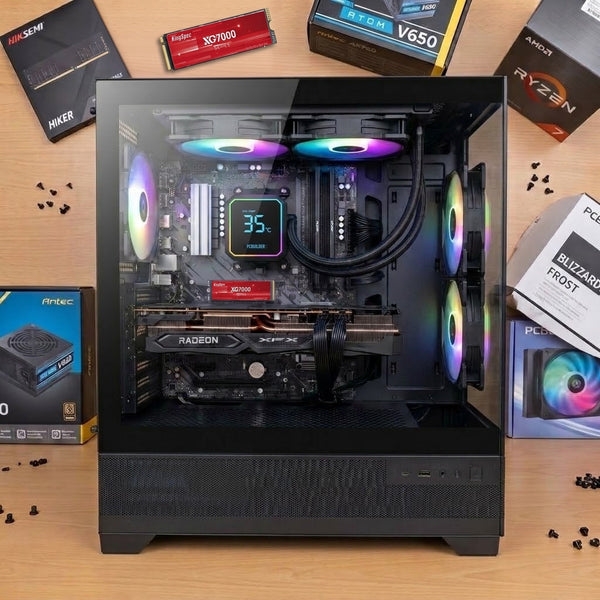 Illustration of this build: XFX Swift RX 9060 XT, Ryzen 7 5700X, KingSpec XG7000 1TB, PCBuilder Blizzard Frost 240 in a black Antec CX700 case (computer-generated, not a photo of the actual unit)