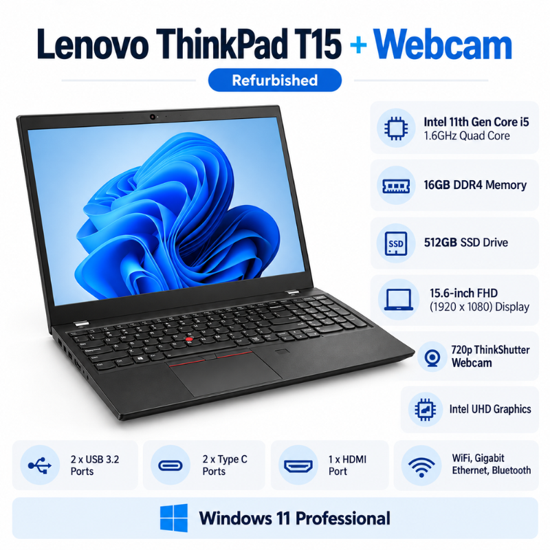 Lenovo ThinkPad T15 Refurbished Laptop Intel Core i5 16GB RAM 512GB SSD 15.6-Inch FHD with Webcam
