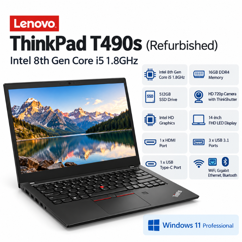 Refurbished Lenovo ThinkPad T490s Core i5 Laptop with Webcam