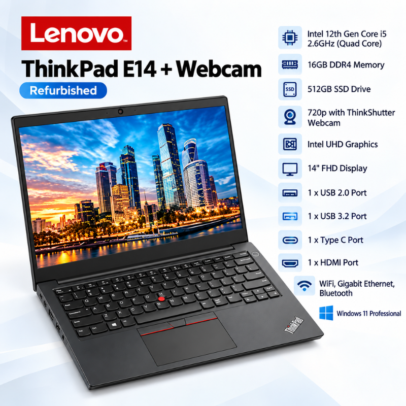 Lenovo ThinkPad E14 Refurbished Laptop Intel Core i5 16GB RAM 512GB SSD 14-Inch FHD with Webcam