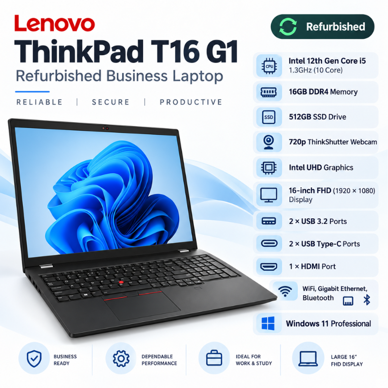 Lenovo ThinkPad T16 Gen 1 Core i5 Refurbished Laptop with Webcam