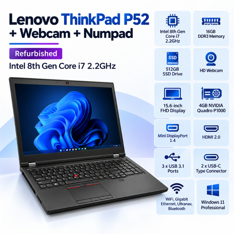 Lenovo ThinkPad P52 Refurbished Laptop Intel Core i7 16GB RAM 512GB SSD 15.6-Inch FHD with Webcam and Numpad