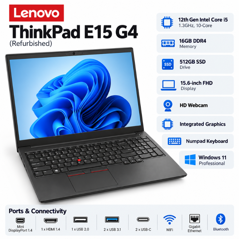 Lenovo ThinkPad E15 Gen 4 Refurbished Laptop – Core i5, 16GB RAM, 512GB SSD