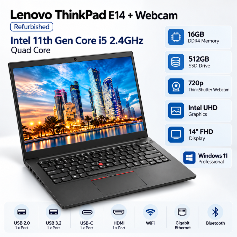 Lenovo ThinkPad E14 Refurbished Laptop Intel Core i5 16GB RAM 512GB SSD 14-Inch FHD with Webcam