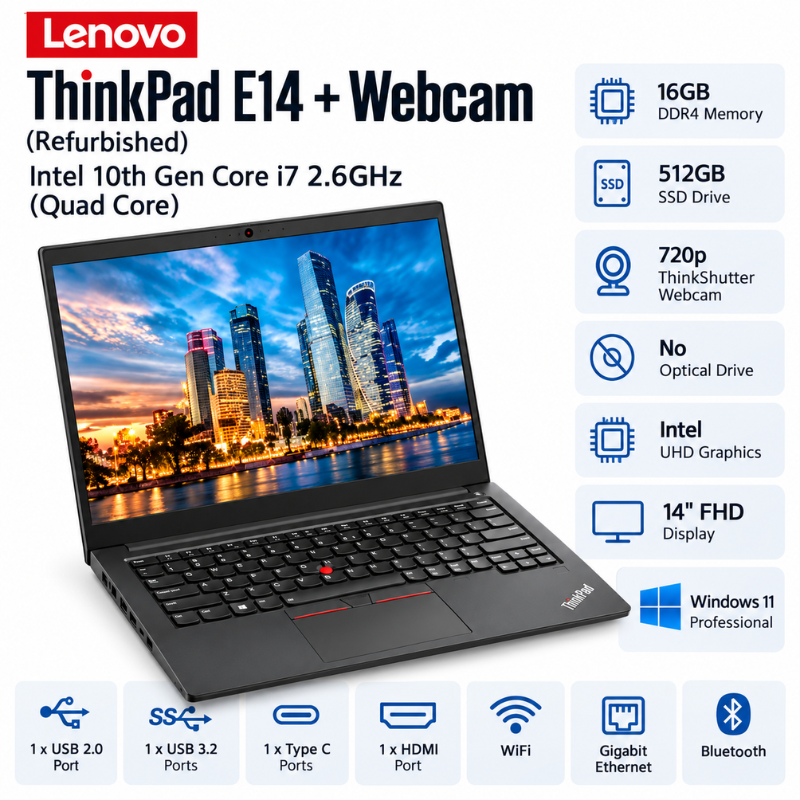 Lenovo ThinkPad E14 Refurbished Laptop Intel Core i7 16GB RAM 512GB SSD 14-Inch FHD with Webcam