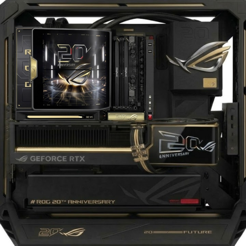 ROG Edition 20 Anniversary Gaming PC – Ryzen 9 9950X3D | ROG Astral RTX 5090 Edition 20 32GB | 96GB DDR5 6400MHz | 4TB NVMe | Windows 11 Pro | ROG GR20 Edition 20 Open-Frame Case