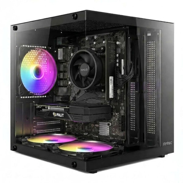 Illustration of this build: Palit RTX 3050 StormX 6GB and Ryzen 5 4500 in a black Antec VCX10M ARGB case (computer-generated, not a photo of the actual unit)