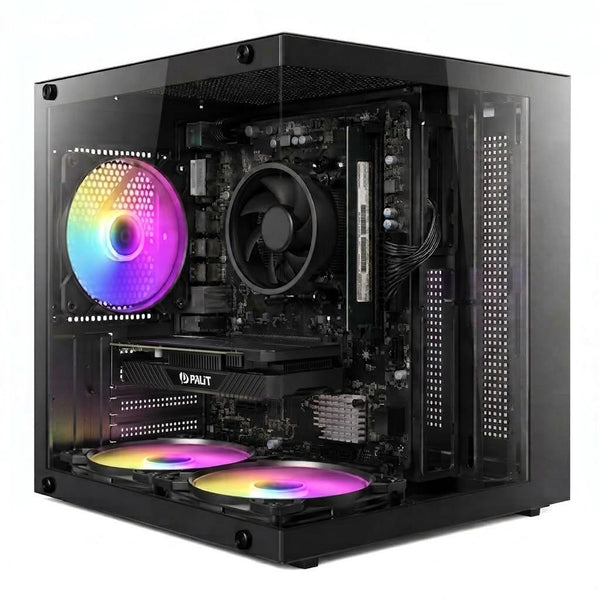 Illustration of this build: Palit RTX 3050 StormX 6GB, Ryzen 5 5600XT and GeIL DDR4 in a black Antec VCX10M ARGB case (computer-generated, not a photo of the actual unit)
