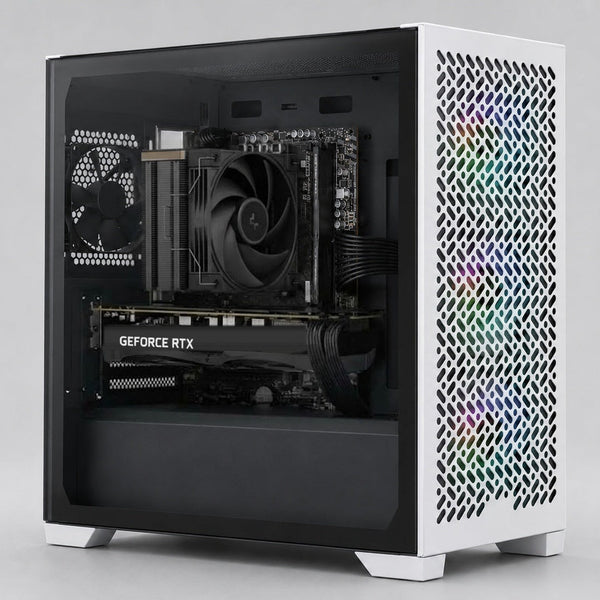 Illustration of this build: ASUS Dual RTX 5050 OC, Ryzen 5 3400G with DeepCool AK400 G2 Dark cooler and ASRock A520M-HVS in a Cooler Master Elite 302 case (computer-generated, not a photo of the actual unit)