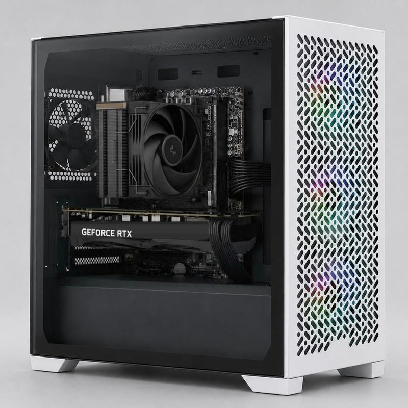 Illustration of this build: ASUS Dual RTX 5050 OC, Ryzen 5 3400G with DeepCool AK400 G2 Dark cooler and ASRock A520M-HVS in a Cooler Master Elite 302 case (computer-generated, not a photo of the actual unit)
