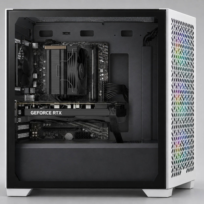 Illustration of this build, second angle: ASUS Dual RTX 5050 OC, Ryzen 5 3400G with DeepCool AK400 G2 Dark cooler and ASRock A520M-HVS in a Cooler Master Elite 302 case (computer-generated, not a photo of the actual unit)