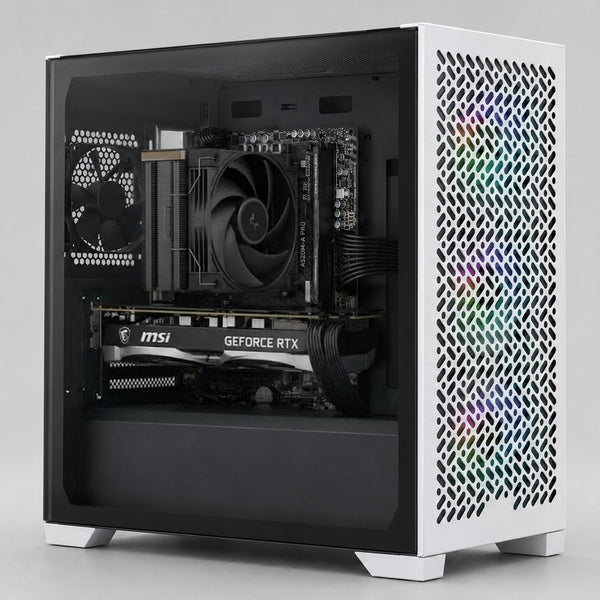 Illustration of this build: MSI RTX 5050 Ventus 2X OC, Ryzen 5 3400G with DeepCool AK400 G2 Dark cooler and MSI A520M-A PRO in a Cooler Master Elite 302 case (computer-generated, not a photo of the actual unit)