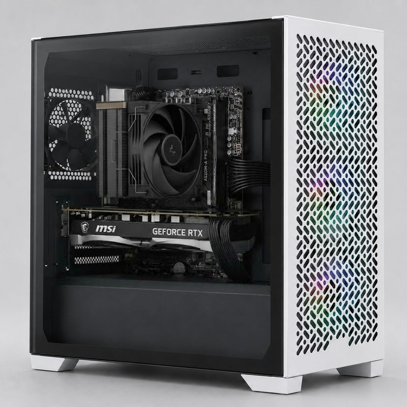Illustration of this build: MSI RTX 5050 Ventus 2X OC, Ryzen 5 3400G with DeepCool AK400 G2 Dark cooler and MSI A520M-A PRO in a Cooler Master Elite 302 case (computer-generated, not a photo of the actual unit)
