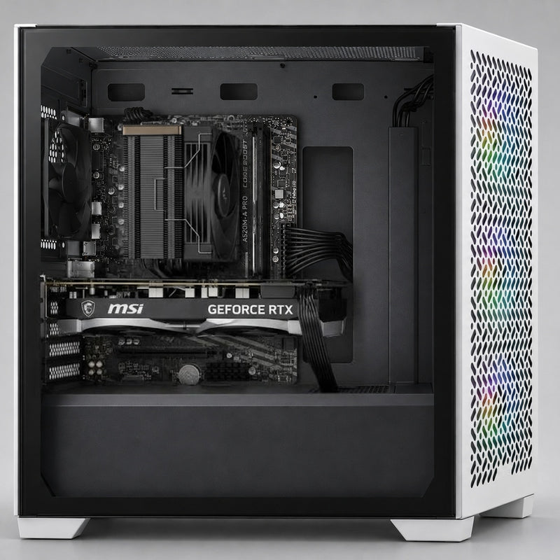 Illustration of this build, second angle: MSI RTX 5050 Ventus 2X OC, Ryzen 5 3400G with DeepCool AK400 G2 Dark cooler and MSI A520M-A PRO in a Cooler Master Elite 302 case (computer-generated, not a photo of the actual unit)