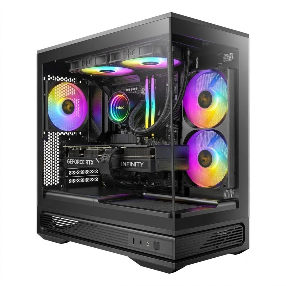 Illustration of this build: Palit RTX 5060 Infinity 2, Intel Core Ultra 5 225, Kingston FURY Beast RGB DDR5 and Antec Vortex LUM 240 cooler in a black Antec C2M ARGB case (computer-generated, not a photo of the actual unit)