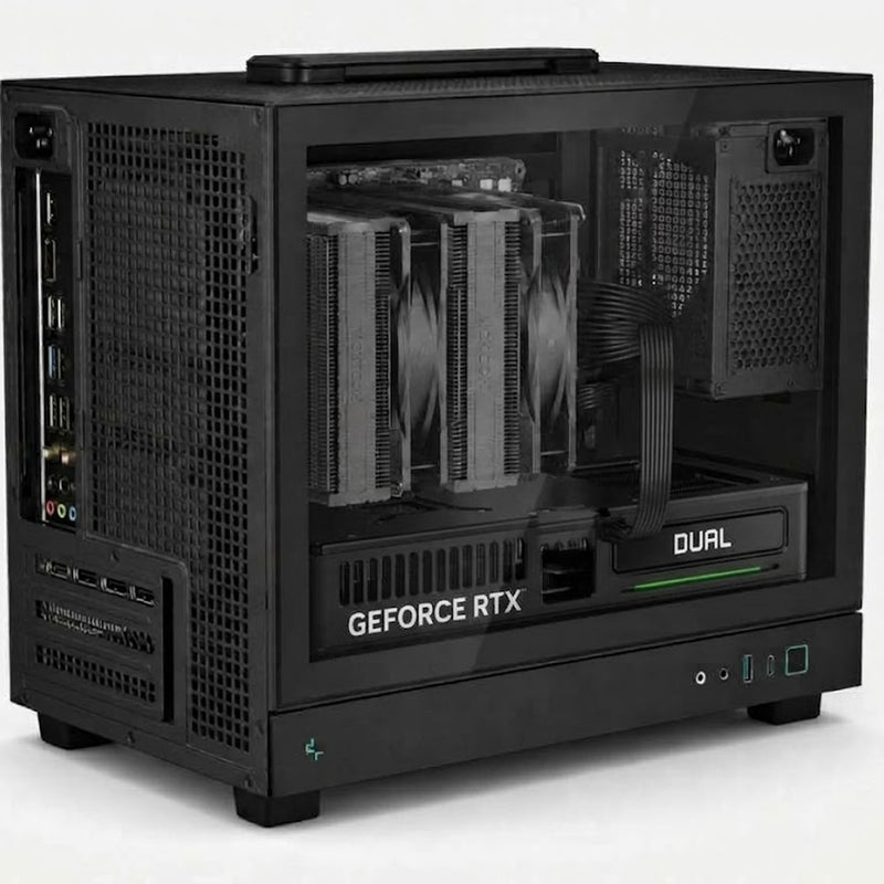 Illustration of this build: Palit RTX 5060 Ti Dual 8GB and Ryzen 7 9700X in a small black DeepCool case (computer-generated, not a photo of the actual unit)