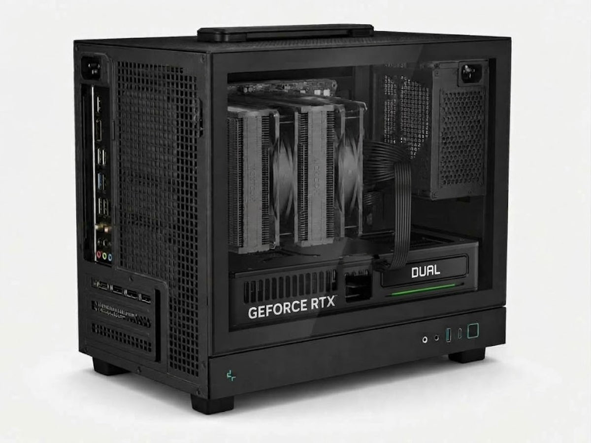 Illustration of this build: Palit RTX 5060 Ti Dual 8GB and Ryzen 7 9700X in a small black DeepCool case (computer-generated, not a photo of the actual unit)