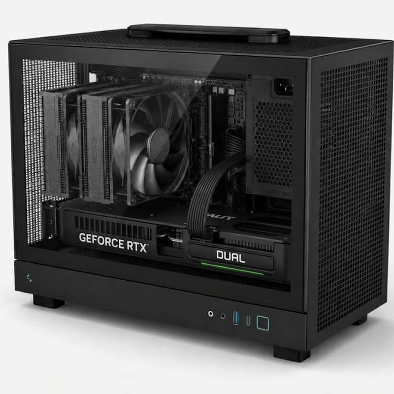 Illustration of this build from a second angle: Palit RTX 5060 Ti Dual 8GB in a small black DeepCool case (computer-generated, not a photo of the actual unit)