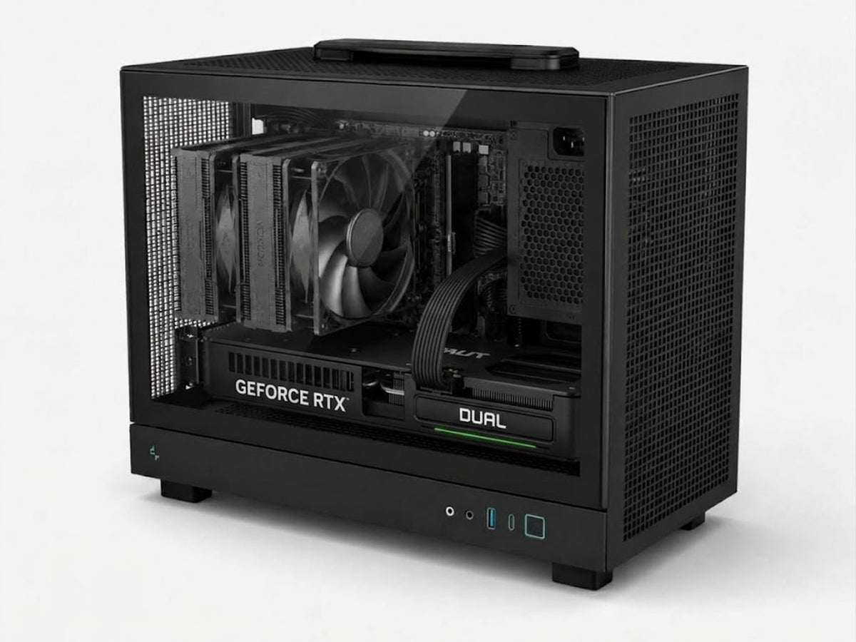 Illustration of this build from a second angle: Palit RTX 5060 Ti Dual 8GB in a small black DeepCool case (computer-generated, not a photo of the actual unit)