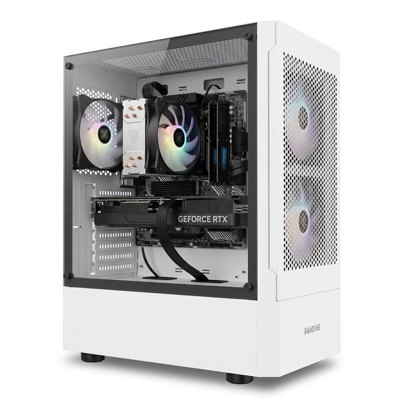 Illustration of this build: Palit RTX 5070, Ryzen 5 7600 and Crucial DDR5 in a white Gamdias Talos E3 Mesh case (computer-generated, not a photo of the actual unit)