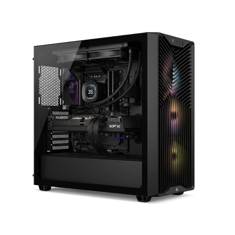 Illustration of this build: XFX Swift RX 9070 XT, Ryzen 7 7800X3D and KingSpec DDR5 in a black Corsair 3200D RS ARGB case (computer-generated, not a photo of the actual unit)