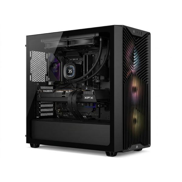 Illustration of this build: XFX Swift RX 9070 XT, Ryzen 7 7800X3D and KingSpec DDR5 in a black Corsair 3200D RS ARGB case (computer-generated, not a photo of the actual unit)