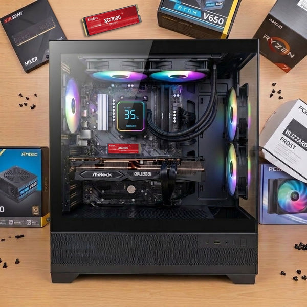Illustration of this build: ASRock RX 9060 XT Challenger, Ryzen 7 5700X, KingSpec XG7000 1TB NVMe and Hiksemi Hiker DDR4 in a black Antec CX700 ARGB case (computer-generated, not a photo of the actual unit)