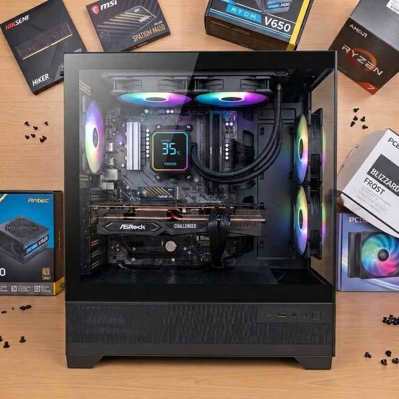 Illustration of this build: ASRock RX 9060 XT Challenger, Ryzen 7 5700X and PCBuilder Blizzard Frost 240 cooler in a black Antec CX700 ARGB case (computer-generated, not a photo of the actual unit)