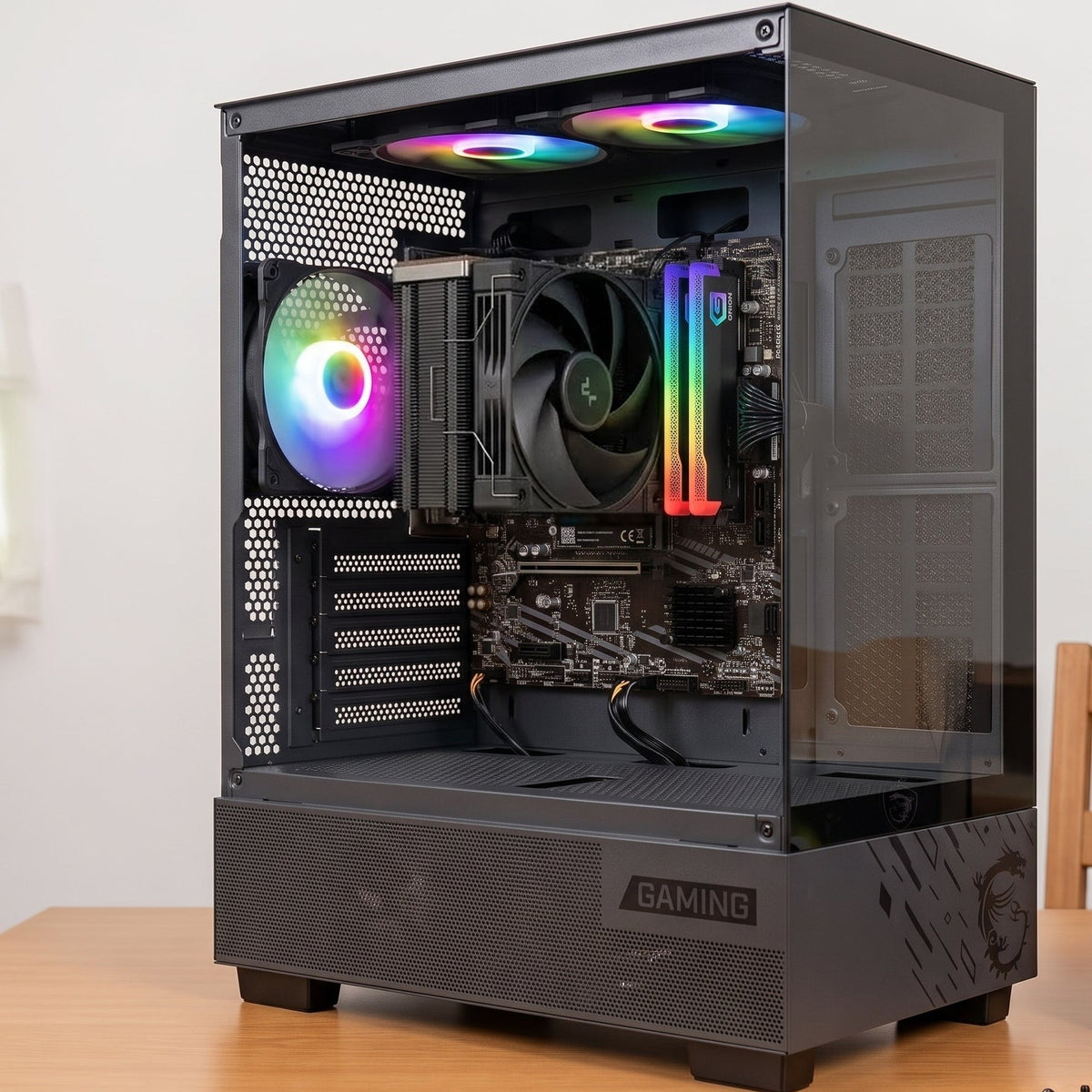 Illustration of this build: Ryzen 5 3400G with Vega graphics, DeepCool AK400 G2 Dark cooler and GeIL Orion RGB DDR4 in a black MSI MAG PANO M110A case (computer-generated, not a photo of the actual unit)