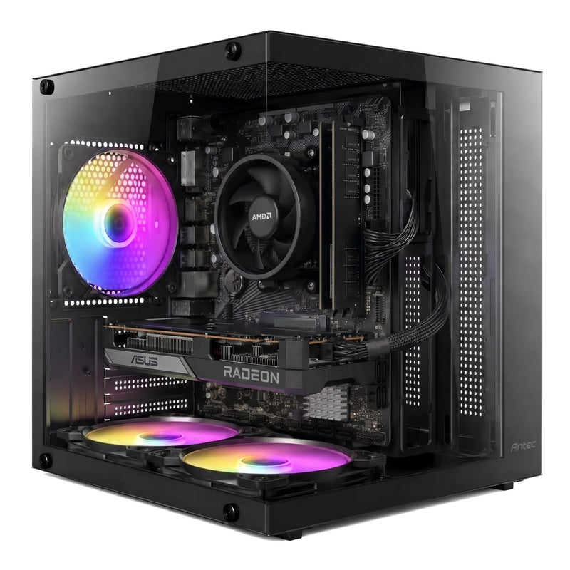 Illustration of this build: ASUS Dual Radeon RX 7600 EVO OC 8GB, Ryzen 5 5500 and 2 x 8GB DDR4 in a black Antec VCX10M ARGB case (computer-generated, not a photo of the actual unit)