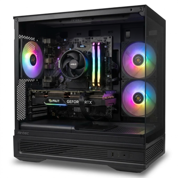 Illustration of this build: Palit RTX 5060 Dual, Ryzen 5 5600 with Wraith Stealth cooler and GeIL Orion RGB DDR4 in a black Antec C2M ARGB case with its stock rear fan and 240mm side fan, no top fans (computer-generated, not a photo of the actual unit)