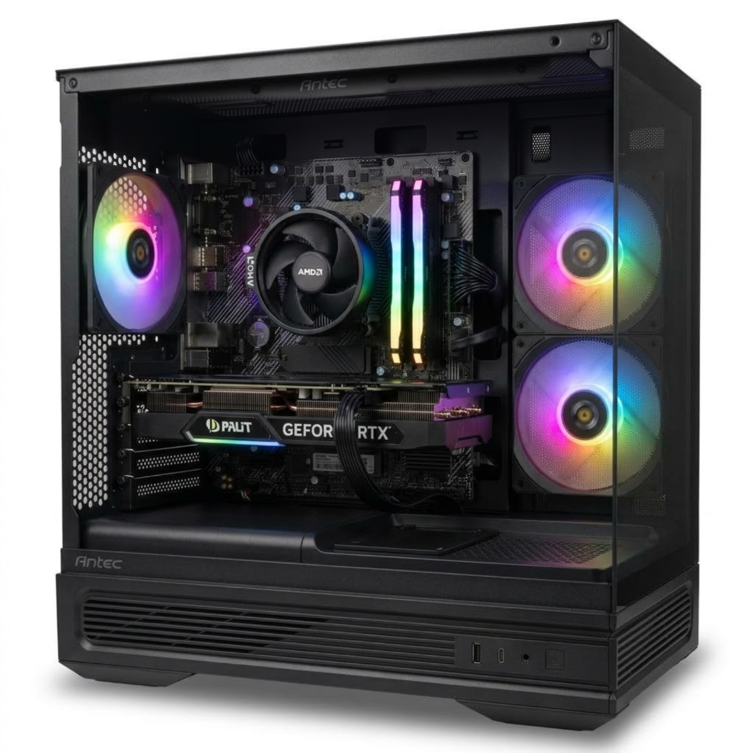Illustration of this build: Palit RTX 5060 Dual, Ryzen 5 5600 with Wraith Stealth cooler and GeIL Orion RGB DDR4 in a black Antec C2M ARGB case with its stock rear fan and 240mm side fan, no top fans (computer-generated, not a photo of the actual unit)