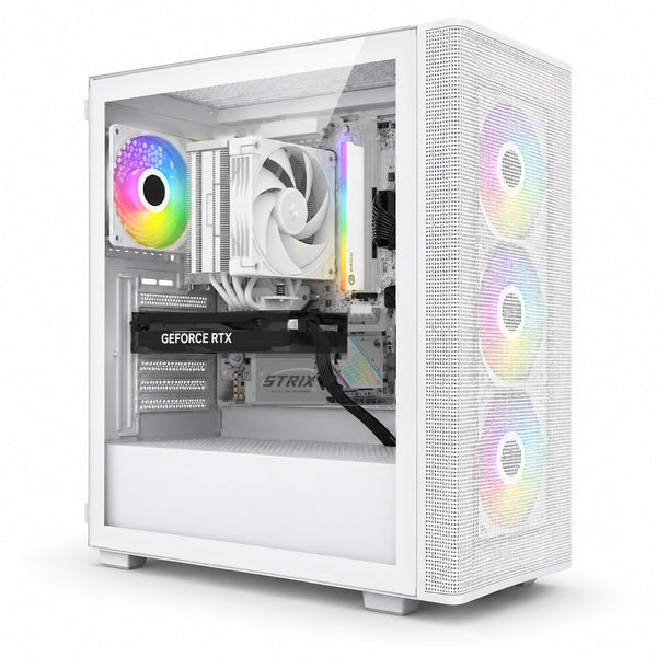 Illustration of this build: ASUS Dual RTX 5050, Ryzen 5 7600 on an ASUS ROG Strix B850-G Gaming WiFi White, DeepCool AK400 G2 White cooler and GeIL Orion V RGB DDR5 in a white FSP M220 case (computer-generated, not a photo of the actual unit)