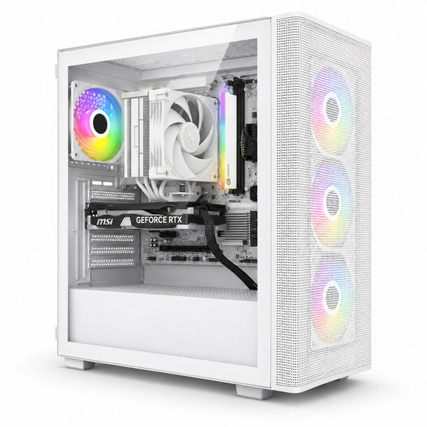 Illustration of this build: MSI RTX 5050 Ventus 2X, Ryzen 5 7600 on an ASRock B650M-HDV/M.2 White, DeepCool AK400 G2 White cooler and GeIL Orion V RGB DDR5 in a white FSP M220 case (computer-generated, not a photo of the actual unit)