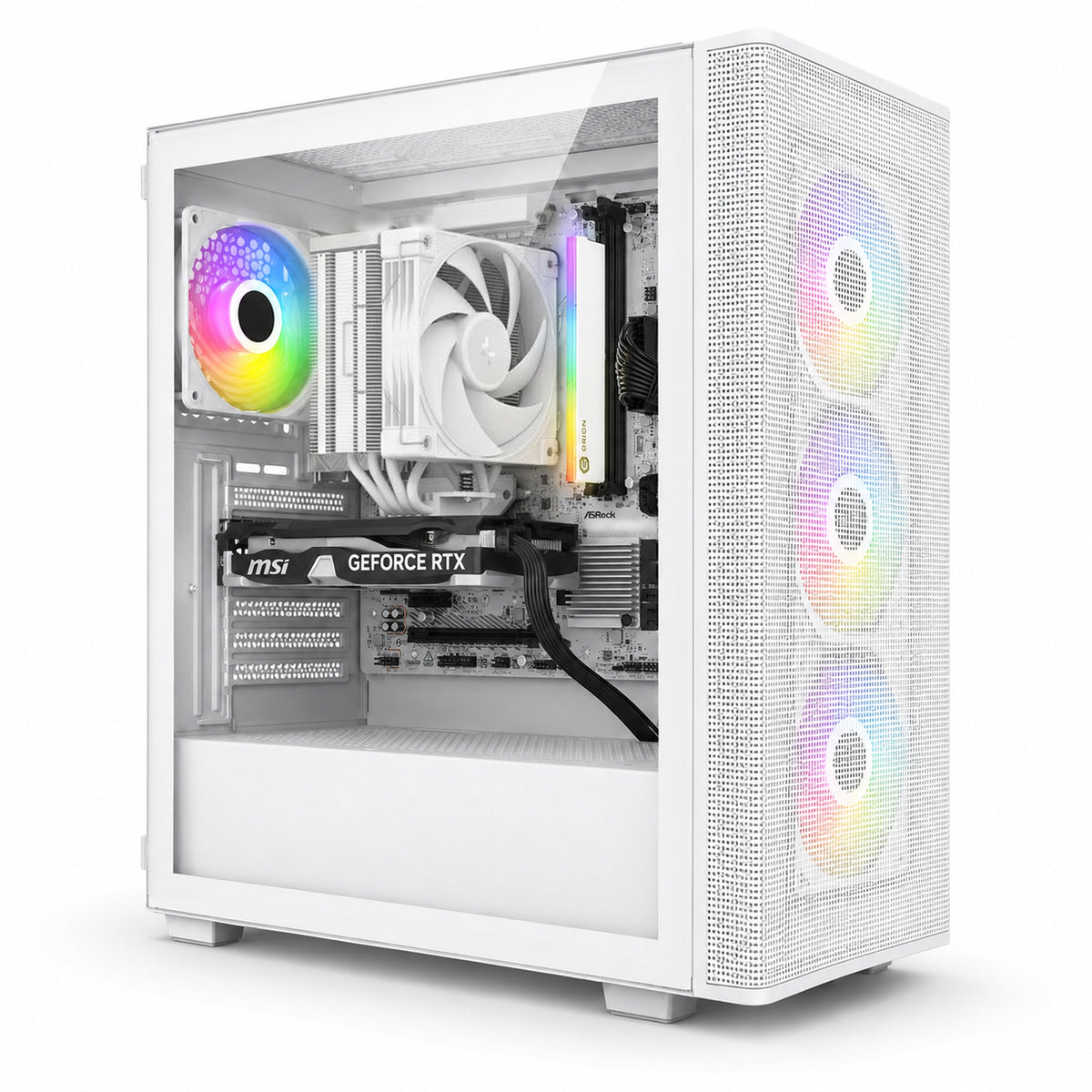 Illustration of this build: MSI RTX 5050 Ventus 2X, Ryzen 5 7600 on an ASRock B650M-HDV/M.2 White, DeepCool AK400 G2 White cooler and GeIL Orion V RGB DDR5 in a white FSP M220 case (computer-generated, not a photo of the actual unit)
