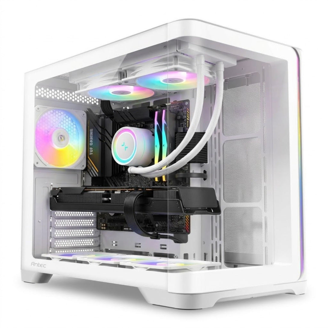 Illustration of this build: XFX Swift RX 9060 XT, Ryzen 7 5700X, DeepCool LE240 V2 White liquid cooler and black FSP power cables in a white Antec C5 Curved ARGB case (computer-generated, not a photo of the actual unit)