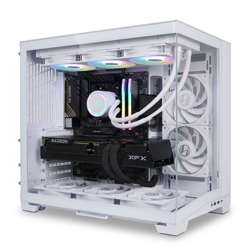 Illustration of this build: XFX Swift RX 9070 XT, Ryzen 7 5800X, DeepCool LE360 V2 White liquid cooler and black FSP power cables in a white Lian Li O11D Mini V2 Flow case (computer-generated, not a photo of the actual unit)