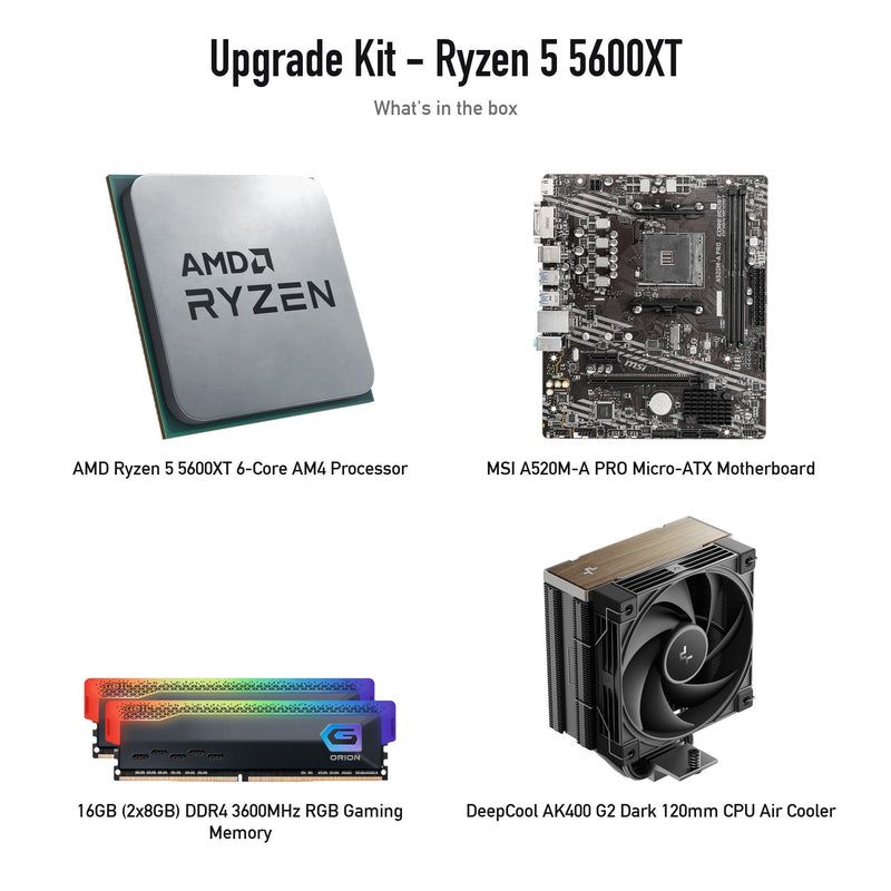 Upgrade Kit Ryzen 5 5600XT: MSI A520M-A PRO, 16GB DDR4 3600MHz RGB memory, DeepCool AK400 G2 Dark cooler (kit contents; supplier product photos)